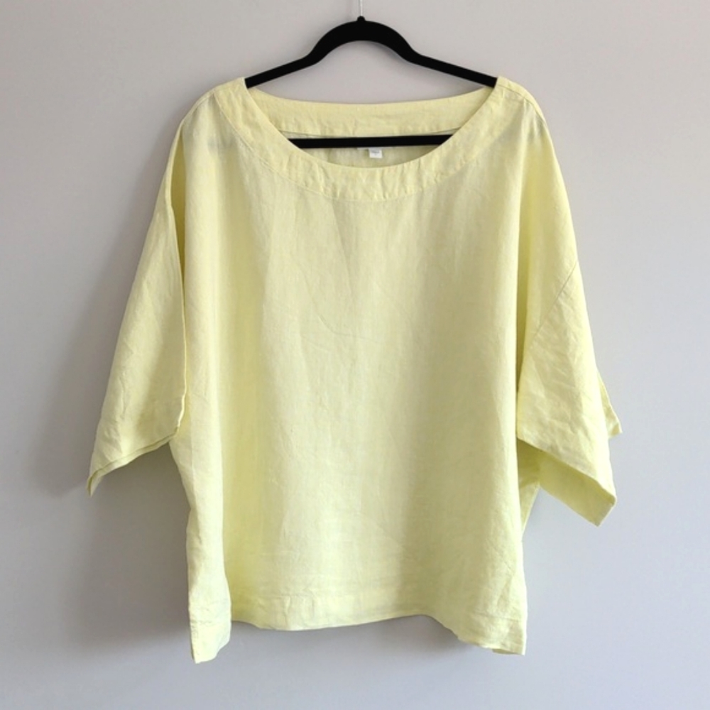 J. JILL PURE JILL | 100% Linen Top Short Sleeves Crew Neck, Yellow, Womens L